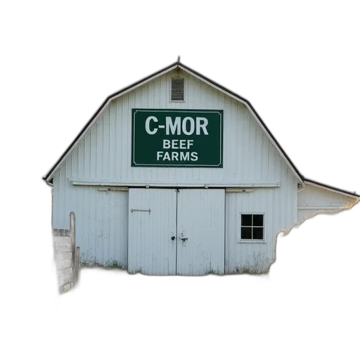 building, white, barn, green, sign, reads, c-mor, beef transparent PNG cut-out