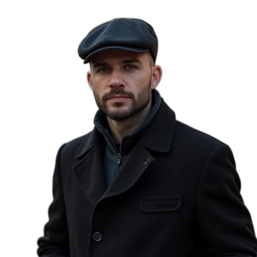 jacket, hat, staff, photorealistic, man, wearing, dark, flat transparent PNG cut-out