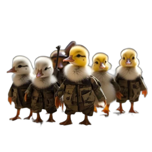 animal, staff, concept art, 3d render, pixel art, photorealistic, ducklings, wearing transparent PNG cut-out