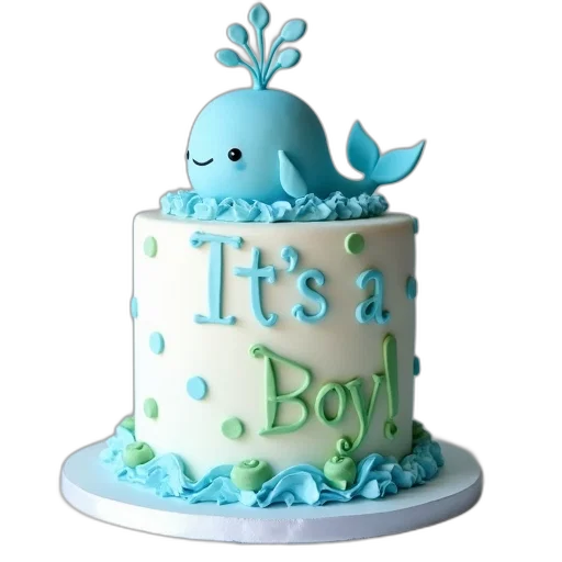 3d render, baby, shower, cake, blue, whale, top, surrounded transparent PNG cut-out