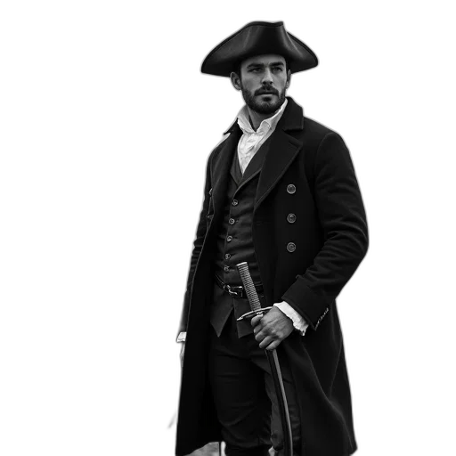 staff, jacket, hat, weapon, photorealistic, concept art, fantasy art, grayscale transparent PNG cut-out