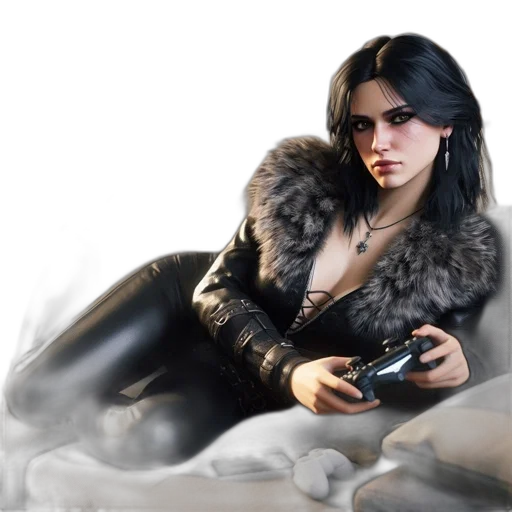 weapon, jacket, concept art, fantasy art, photorealistic, 3d render, woman, reclines transparent PNG cut-out