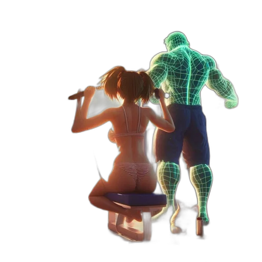 robot, dress, concept art, cyberpunk, 3d render, pixel art, neon lights, underwater transparent PNG cut-out