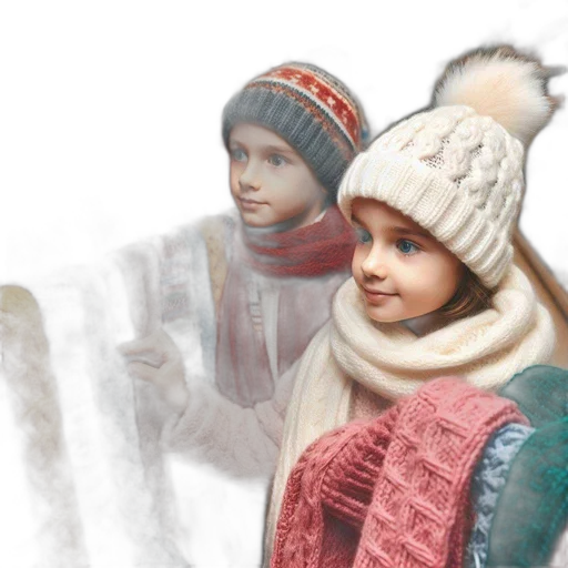 hat, photorealistic, oil painting, 3d render, concept art, snow, two, children transparent PNG cut-out