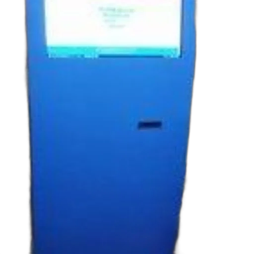 blue, kiosk, screen, displaying, text, situated, cluttered, room transparent PNG cut-out
