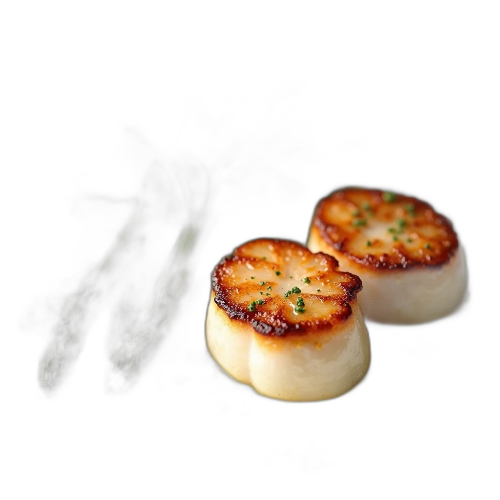 food, 3d render, dish, seared, scallops, side, asparagus, sprinkle transparent PNG cut-out