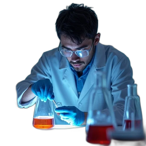 jacket, bottle, concept art, photorealistic, scientist, experimenting, lab, posters transparent PNG cut-out