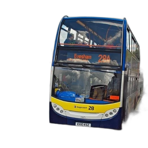 photorealistic, 3d render, double, decker, bus, driving, down, street transparent PNG cut-out