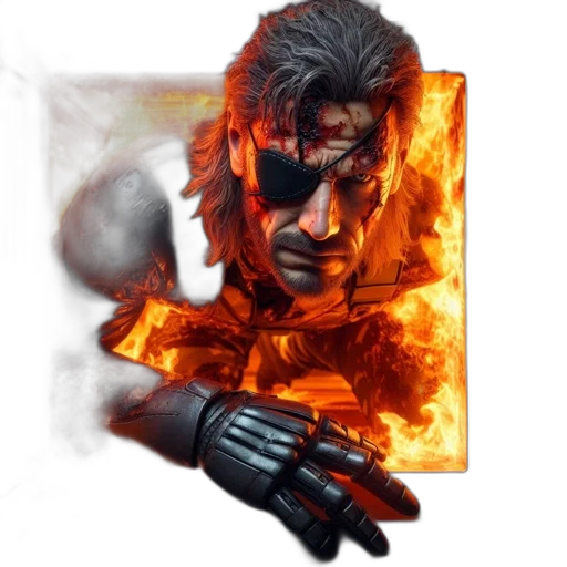 jacket, weapon, mask, comic book art, concept art, photorealistic, 3d render, fire transparent PNG cut-out