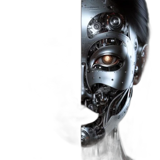 robot, mask, face, cyberpunk, concept art, 3d render, photorealistic, side-by-side transparent PNG cut-out