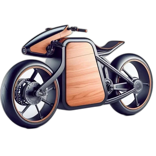 3d render, concept art, photorealistic, modern, motorcycle, wooden, panel, orange transparent PNG cut-out