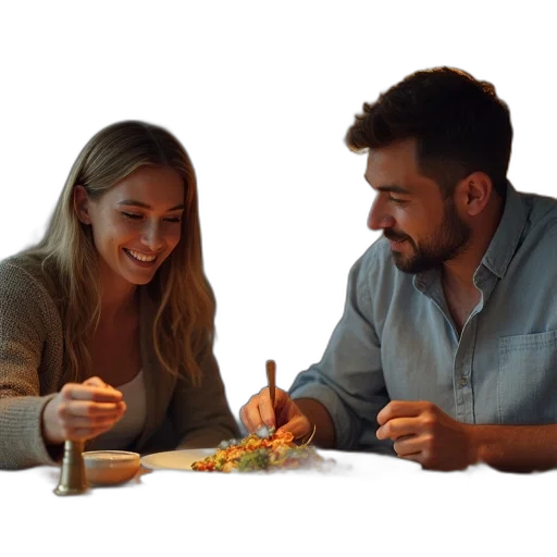 food, photorealistic, man, telling, his, wife, something, about transparent PNG cut-out