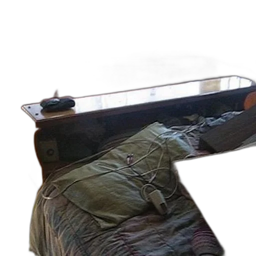 jacket, weapon, staff, hat, 3d render, photorealistic, messy, bedroom transparent PNG cut-out