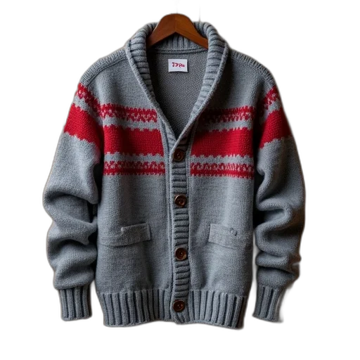 jacket, grey, red, knitted, cardigan, displayed, wooden, surface transparent PNG cut-out
