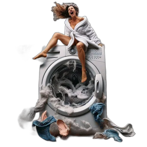 photorealistic, underwater, outer space, woman, rides, washing, machine, during transparent PNG cut-out