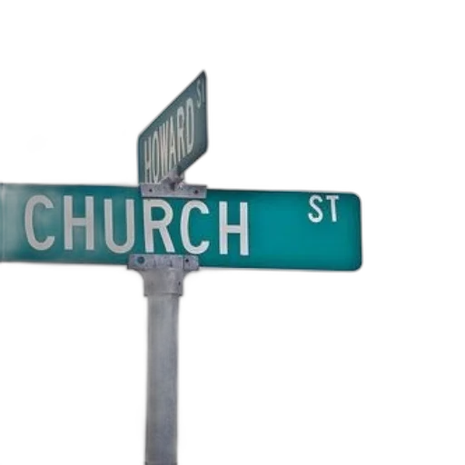 3d render, city street, green, street, sign, reads, church, smaller transparent PNG cut-out