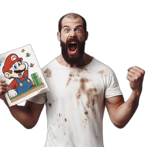 food, concept art, excited, man, beard, stained, t-shirt, displays transparent PNG cut-out