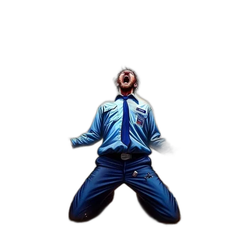 jacket, robot, creature, staff, concept art, 3d render, man, kneels transparent PNG cut-out