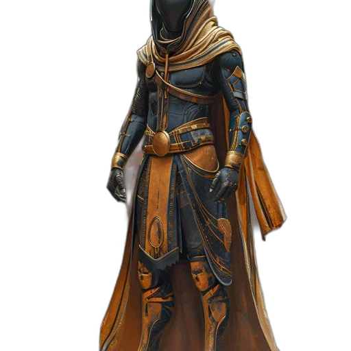 mask, staff, dress, concept art, fantasy art, 3d render, dark, golden transparent PNG cut-out