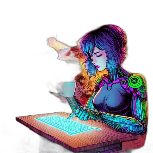 robot, jewelry, staff, jacket, cyberpunk, fantasy art, pixel art, concept art transparent PNG cut-out