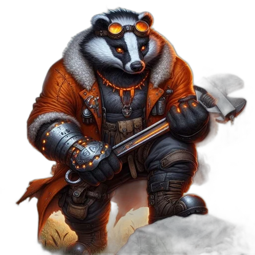 fantasy art, concept art, pixel art, photorealistic, monochrome, anthropomorphic, badger, post-apocalyptic transparent PNG cut-out