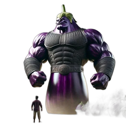 concept art, 3d render, fantasy art, comic book art, colossal, eggplant-humanoid, figure, stands transparent PNG cut-out