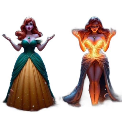 dress, concept art, fantasy art, 3d render, comic book art, fire, woman, green transparent PNG cut-out