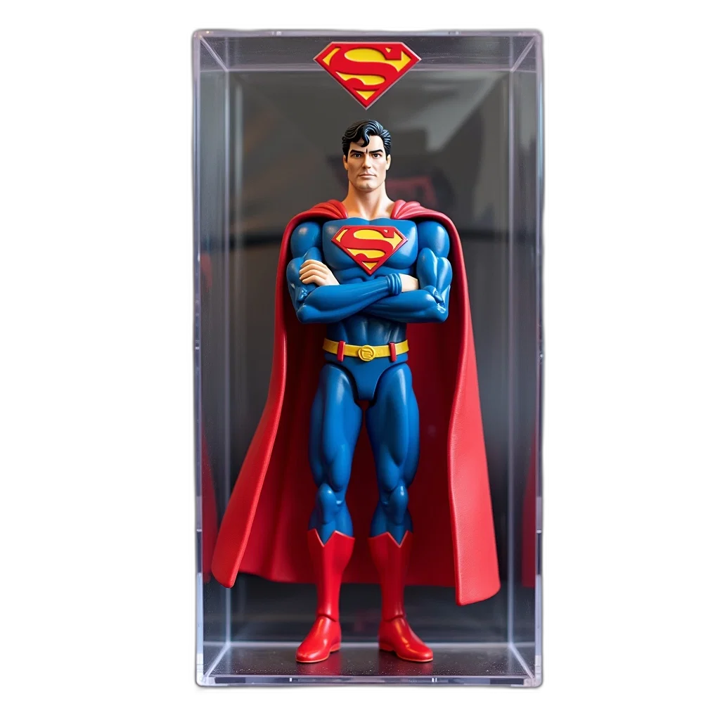 concept art, comic book art, 3d render, superman, action, figure, displayed, plastic transparent PNG cut-out
