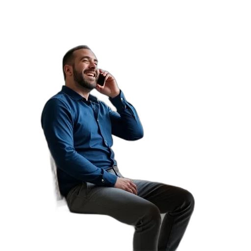 staff, jacket, furniture, man, sitting, chair, kitchen, laughing transparent PNG cut-out