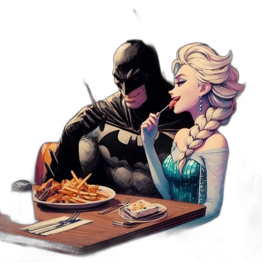 comic book art, concept art, fantasy art, cartoon, fire, batman, elsa, sit transparent PNG cut-out