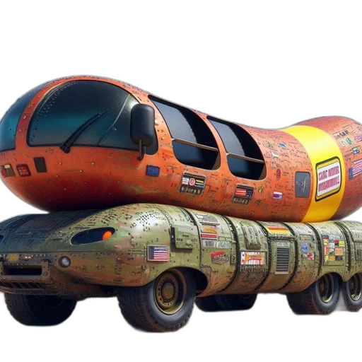 car, weapon, bottle, concept art, 3d render, photorealistic, orange, hotdog-shaped transparent PNG cut-out