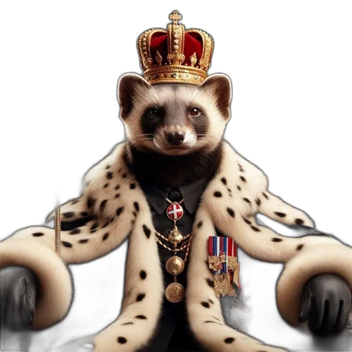 animal, crown, staff, concept art, photorealistic, fantasy art, 3d render, ferret transparent PNG cut-out
