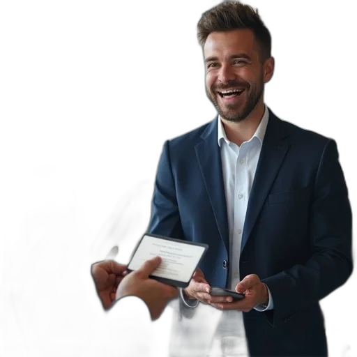 staff, jacket, face, furniture, salesman, handing, car, license transparent PNG cut-out