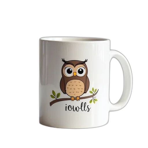 photorealistic, 3d render, white, ceramic, mug, cartoon, owl, design transparent PNG cut-out