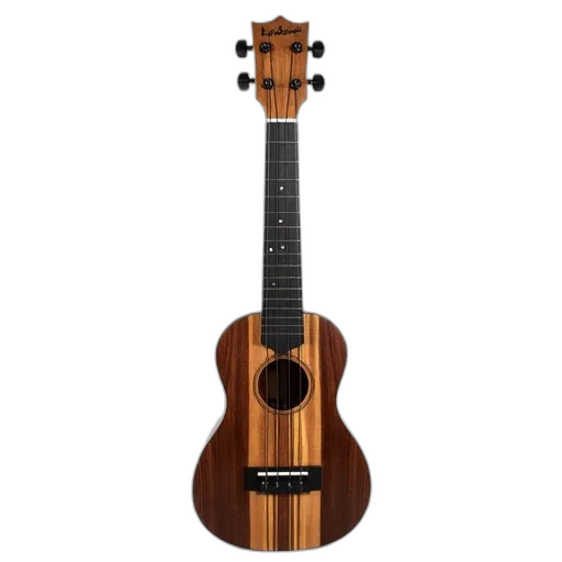 wooden, ukulele, natural, finish, black, pickguard, displayed, against transparent PNG cut-out