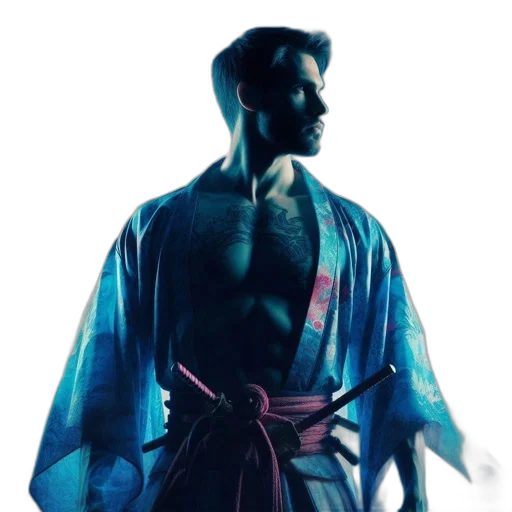 jacket, staff, sword, vaporwave, concept art, photorealistic, watercolor, blue transparent PNG cut-out