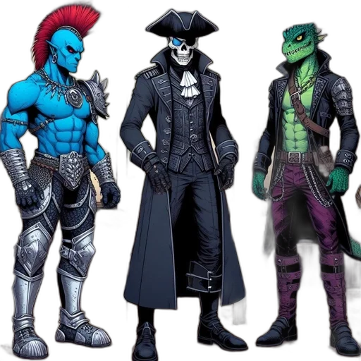 concept art, comic book art, fantasy art, dark, blue, monochrome, three, characters transparent PNG cut-out