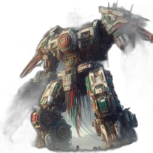 robot, weapon, concept art, fantasy art, watercolor, photorealistic, massive, flag-bearing transparent PNG cut-out