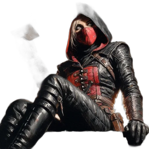 mask, jacket, staff, concept art, red, cloaked, figure, possibly transparent PNG cut-out