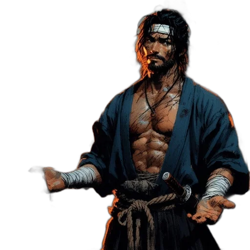 staff, sword, concept art, photorealistic, pixel art, comic book art, determined-looking, samurai transparent PNG cut-out
