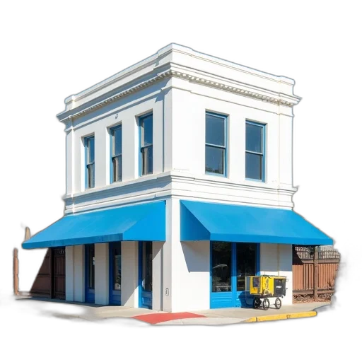 building, furniture, 3d render, photorealistic, concept art, blue, white, trim transparent PNG cut-out