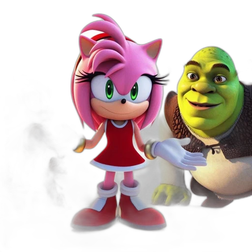 3d render, concept art, photorealistic, cartoon, fire, sonic, amy, shrek transparent PNG cut-out