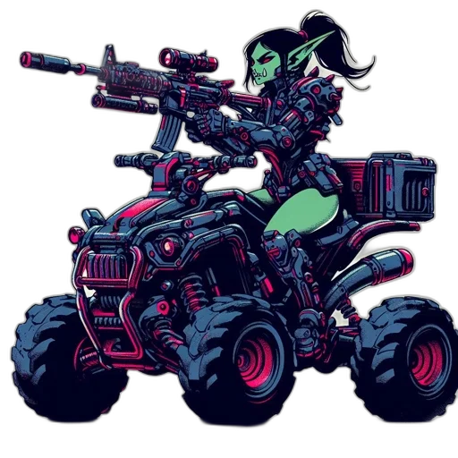 weapon, robot, concept art, pixel art, cyberpunk, comic book art, armored, green-skinned transparent PNG cut-out