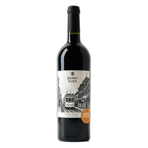 bottle, wine, label, featuring, black, white, illustration, street transparent PNG cut-out