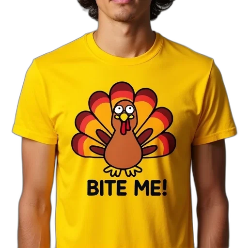 person, wearing, yellow, t-shirt, cartoon, turkey, graphic, text transparent PNG cut-out