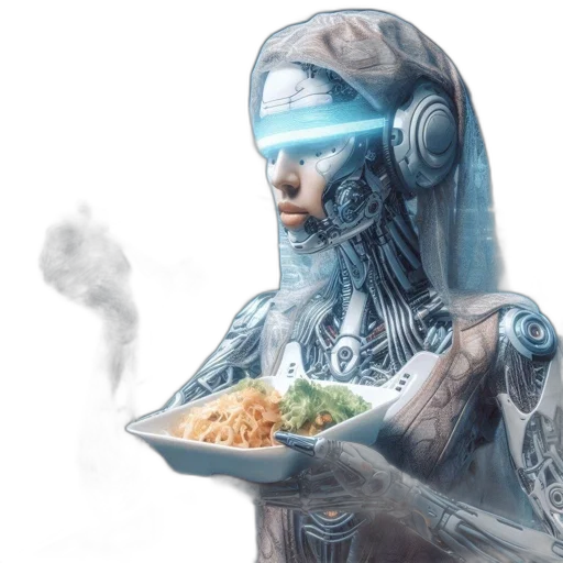 robot, food, cyberpunk, concept art, fantasy art, photorealistic, outer space, blue transparent PNG cut-out