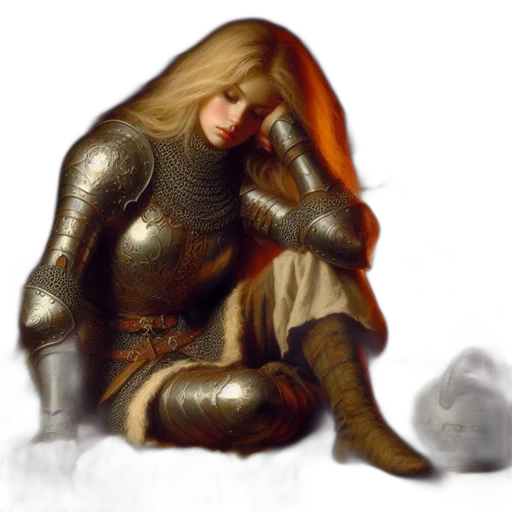 sword, fantasy art, concept art, photorealistic, oil painting, golden, armored, woman transparent PNG cut-out