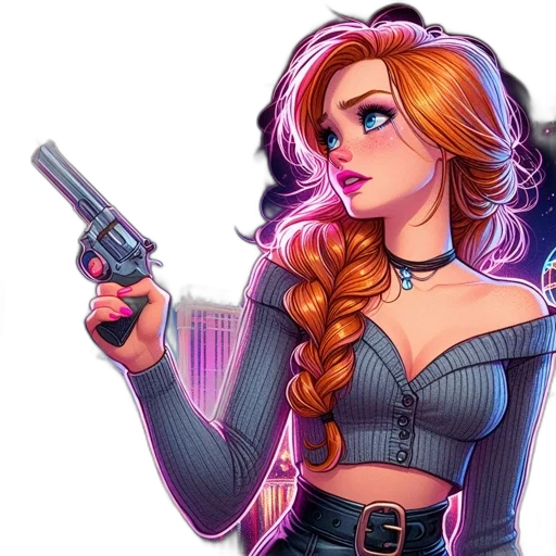 weapon, cyberpunk, comic book art, concept art, cartoon, neon lights, woman, reddish-brown transparent PNG cut-out