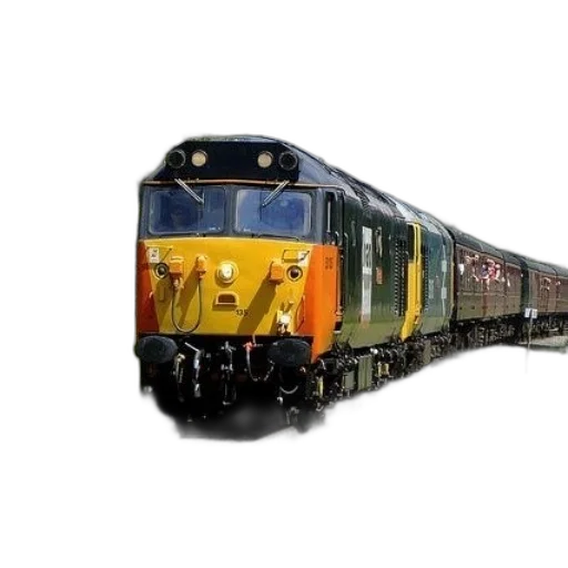 photorealistic, 3d render, yellow, black, train, traveling, down, tracks transparent PNG cut-out