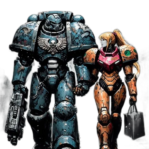 robot, concept art, comic book art, cyberpunk, fantasy art, two, distinctly, colored transparent PNG cut-out